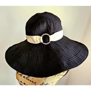 Lauren Ralph Lauren Wide Brim Floppy Sun Hat, Black/White, Sz M NWOT, NEW